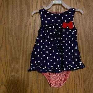 Onesie dress Navy Blue and White Polka Dot with Red and White Stripes Size 24 MO